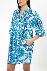 ANTICA SARTORIA 2025 AQUA BLUE WHITE SHORT MUMU/KAFTAN/DRESS NWT L/XL - Picture 1 of 8