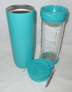 Davids Tea solid color TEAL ICED or HOT TEA PRESS Travel Mug 16 oz - Picture 1 of 3