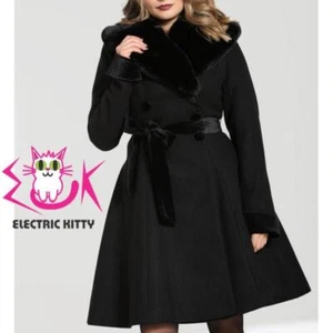Hell Bunny Simone Swing Coat Jacket Black Faux Fur Collar Belted Retro PinUp NEW - Picture 1 of 12