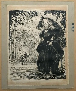 Aquarelle originale et encre Portrait d'une femme élégante monogramme A.S.C 1910 - Picture 1 of 11