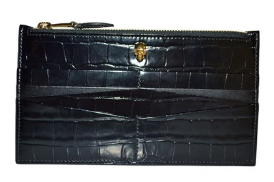 Alexander McQueen Geprägt Krokodil Schwarz Flach Reißverschluss Etui Damen Neu - Bild 1 von 4
