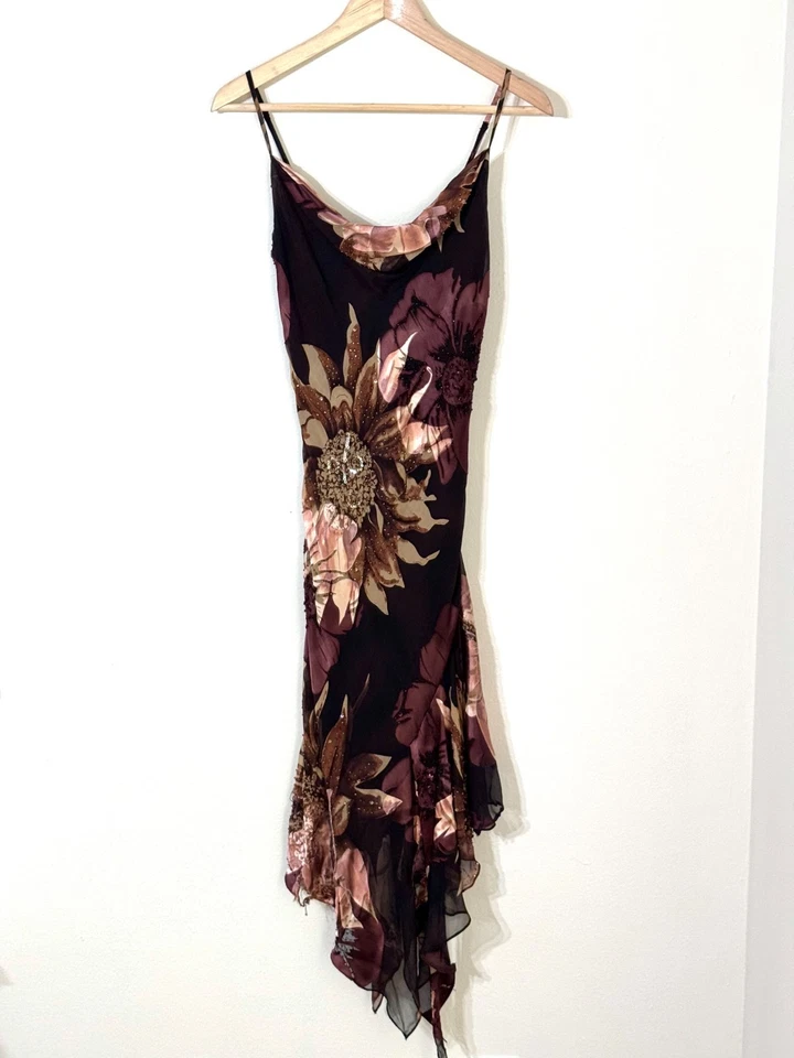 Vtg Cache Silk Beaded Floral Dress Y2K Cowl Neck Asymmetrical Handkerchief Fairy - Image 1 of 4