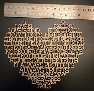 Wood Love Is heart Wall hung 3mm thick 1 Cor 13:4-8 natural expression faith - Picture 1 of 1