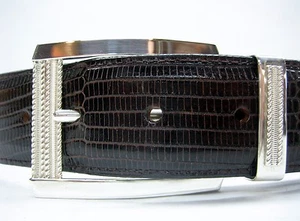 Sterling silver 925 buckle & loop, 44 grams w/Genuine Lizard 1.5 " belt U.S.A.. - Picture 1 of 13