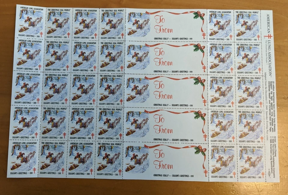 1989 Sledding Fun Sheet of 30 (5 Labels) Perf 11.5 US Christmas Seals MNH #7 in - Image 1 of 1