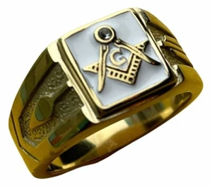 Masonic Mason men's CZ ring White enamel 14K yellow gold overlay size 13 T35B - Picture 1 of 4