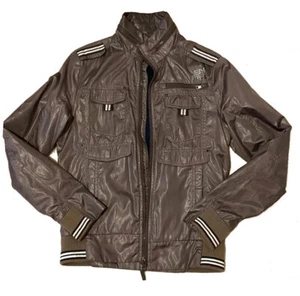 $325 Designer ENERGIE Men's Rare Brown Nylon Military Collar Biker Jacket S - Picture 1 of 3