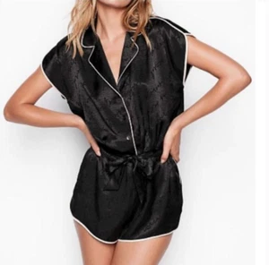 Victorias Secret Pajama Romper Womens XS Black Satin Logo Sexy Waist Tie NWOT - Picture 1 of 18