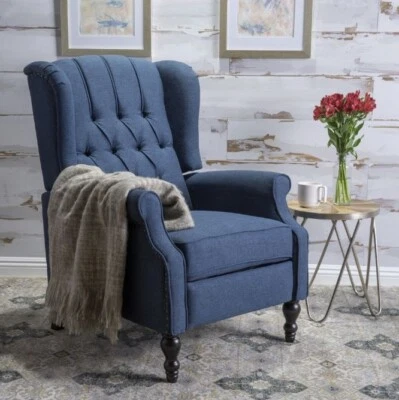 Dark Blue Tufted Fabric Wingback Recliner Club Chair Living Room Office Arm Rest - Image 1 of 4