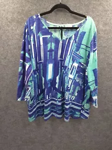 Orientique Naturally Australian Top Womens 18 Pullover 3/4 Sleeve Blue Geo - Picture 1 of 14