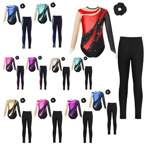 Girls Gymnastics Leotards Activewear SetTracksuit Kids Long Sleeve Bodysuit - Picture 1 of 110