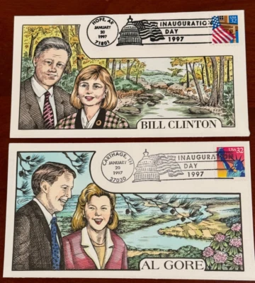 Clinton/Gore Inauguration 2nd Term Set of 2 FDC's Hand-Painted  Collins Perfect! - Image 1 of 3
