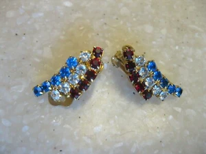 Goldfarbene rot weiß & blau Strass patriotische Clip Ohrringe/KOSTENLOSER VERSAND  - Bild 1 von 6