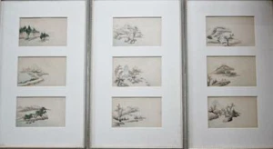 9 paesaggi cinesi in miniatura, c.1930, incorniciati, case figure - Foto 1 di 7