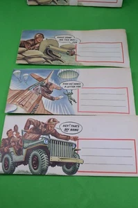 12 buste vuote vintage seconda guerra mondiale cartone animato, jeep esercito, paracadute, cannoniere, 1942, design 3 - Foto 1 di 5