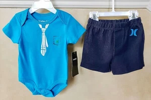 $42 NWT HURLEY boys t-shirt & shorts SET outfit 3 6 9 Mon blue cotton bodysuit - Picture 1 of 1
