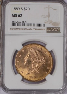 1889-S Gold Liberty Head $20 NGC MS62. Better San Francisco Mint Double Eagle - Image 1 of 2
