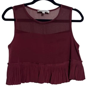 ELIZABETH AND JAMES 100% Silk Satin Pleated Cropped Top Shirt Burgundy EUC XS - Picture 1 of 6