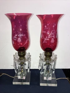 Set Of 2 Large 16” Height Crystal Prism Boudoir Lamps, Cranberry Hurricane Glass - Picture 1 of 12