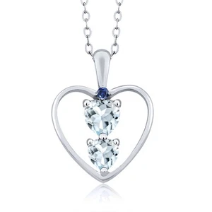 925 Sterling Silver Aquamarine and Created Sapphire Pendant Necklace For Women - Picture 1 of 3