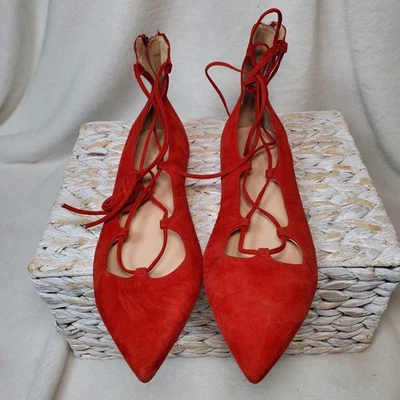J Crew Women’s Micro Suede Red Gladiator Flats Size 8 Ballet Flats NWOB Zip Back - Image 1 of 4