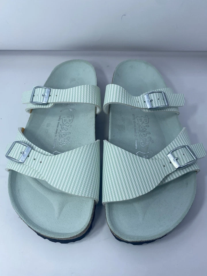 Birki's Birkenstock Aziza 白色薄荷绿色条纹凉鞋女式 7 N (38) — 第 1/4 张图片