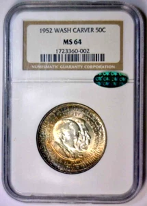 1952 Washington Carver Silver Commemorative Half Color Toned NGC MS64 CAC / RNBO - Picture 1 of 5