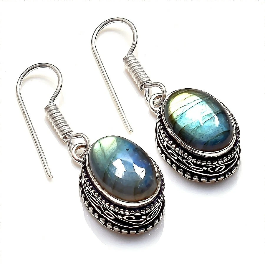 Labradorite Gemstone Handmade 925  Sterling Silver Jewelry Earrings Size 1 - Image 1 of 1
