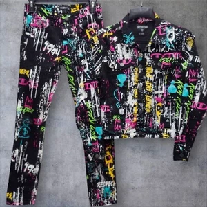 Encrypted Kids 10-12 Medium Urban Street Graffiti Denim Pants Trucker Jacket Set - Picture 1 of 15
