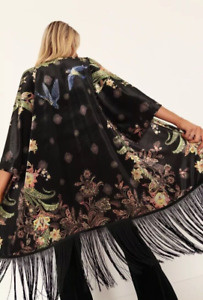 Black Milk fringed velvet kimono in black with floral and swallow print size S
