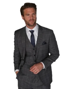 Men Suit Windowpane Check Grey Tailored Fit Formal Wedding Retro 3 Piece Set - Picture 1 of 11