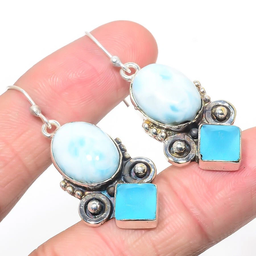 Pendientes Larimar Azul Calcedonia Cuarzo Piedras Preciosas Chapados en Plata Joyería 1.5" Foto 1 de 1
