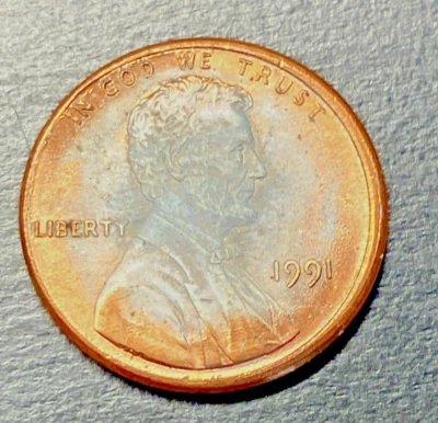 1991 P Lincoln Cent With A Very Nice Lustrous Partial Missing Center Clad Layer! - Image 1 of 2