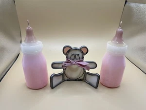 Baby Gift 3 Pc Set-2 Pink Baby Bottle Candles & stained glass teddy bear... - Picture 1 of 9