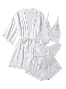 Women's 4pcs Satin Pajamas Set Floral Lace Cami and Robe Sleepwear Lingerie - Picture 1 of 6
