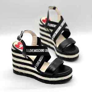 LOVE MOSCHINO Wedge Platform Espadrille Sandal Womens 7.5 38 Black White NEW