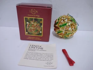 Vtg Lenox Christmas Ornament Holiday Gold Pierced Ball Holly Berry w/ Box  3" - Picture 1 of 7