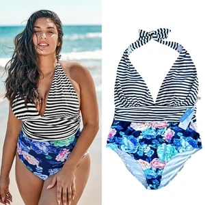 Cupshe One Piece Swimsuit Womens 2X Halter Floral Stripe Blue Black Bathing Suit - Picture 1 of 10