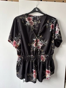 Yoins Peplum Style Top, Black And Flowery With Zip Front Size 20 - Picture 1 of 7