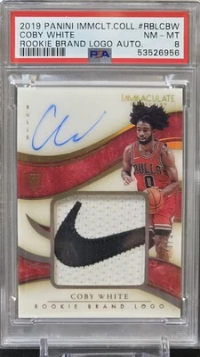 2019 20 IMMACULATE COLLECTION COBY WHITE ROOKIE LOGO AUTO #D 3/5 RC BULLS PSA 8 - Image 1 of 2