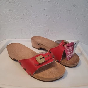 Dr Scholls Exercise Sandals Red Womens Sz 7 W/box 1978 Wooden Adjustable Vintage - Picture 1 of 16