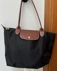 Longchamp Le Pliage Tote Bag Black Brown Leather Shoulder Shopper Handbag Medium - Picture 1 of 6