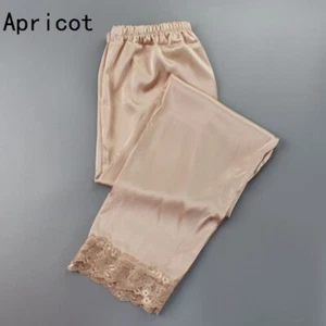 Women Silky Satin Pajama Pants Loungewear Sleepwear Bottoms Solid Lace Trim Sexy - Picture 1 of 25