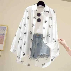 Women's Mickey Mouse Print Long Sleeve Tops Loose Fit White Blouse Casual Shirt - Picture 1 of 31