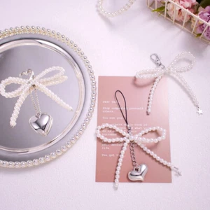 Bowknot Pearl Keychain Silver Love PhoneChain Headphone Case Pendant CCD Lan  GF - Zdjęcie 1 z 15