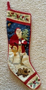 NEEDLEPONT TAPESTRY CHRISMAS SOCK S/SANTA, SNOWMAN & PUPPY, RED VELVET BACK (38) - Picture 1 of 6