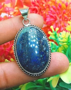 Azurite Gemstone Pendant 925 Silver Plated 1.5" Ethnic Gift for Mom - Picture 1 of 4