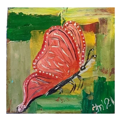 Arte de pared hecho a mano pequeño semi abstracto pintura original mariposa roja 4x4 pulgadas Foto 1 de 4