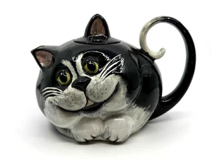 Vintage Black & White Cat Teapot – Whimsical Ceramic Pottery, Hand-Painted - Picture 1 of 8