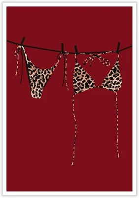 Leopard Bikini Wall Art Stylish Red Background Poster Chic Fashion Bedroom Decor - Image 1 of 3